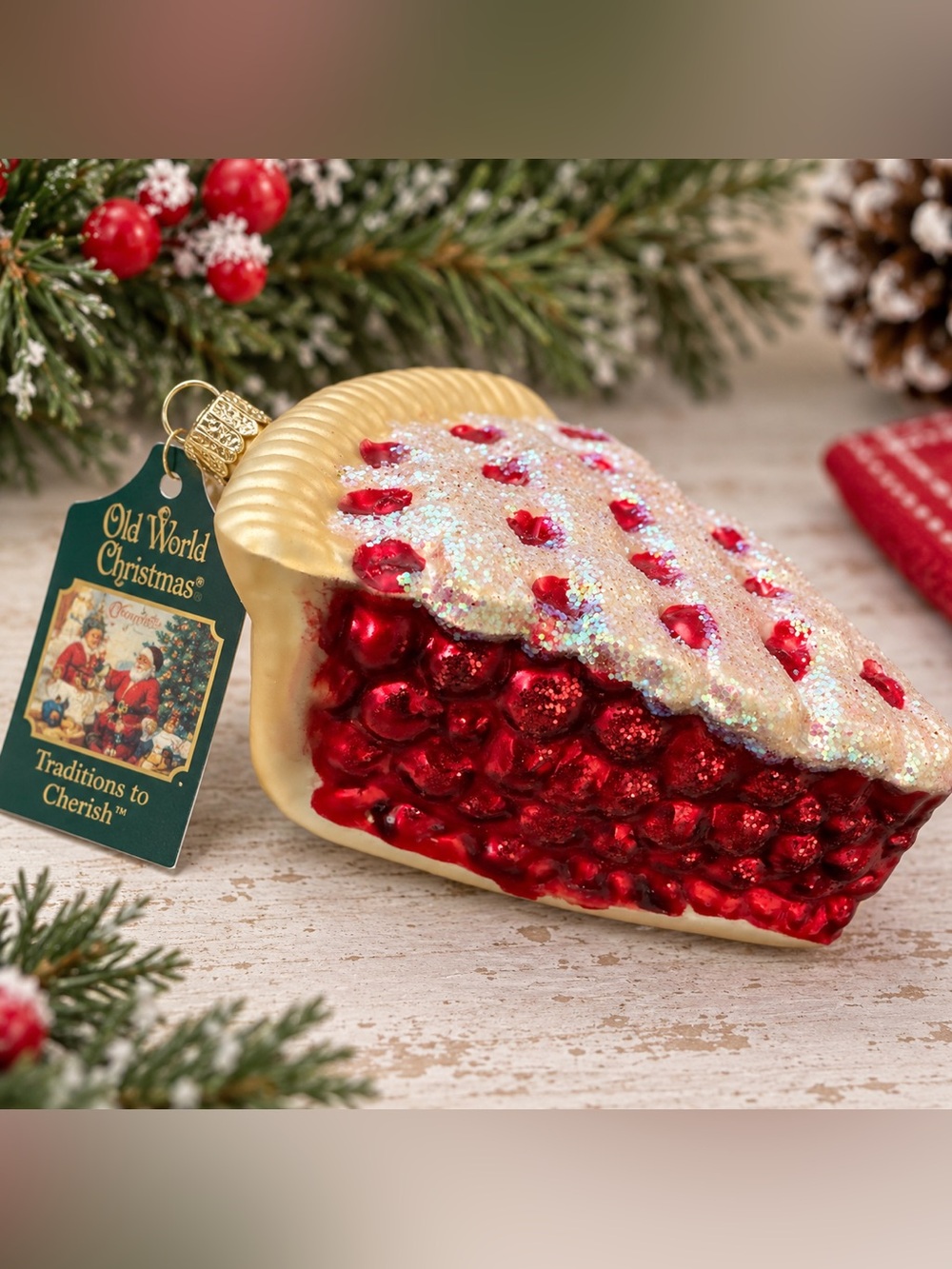 Vintage Old World Christmas Cherry Pie Slice Glass Ornament w/ Original Tag